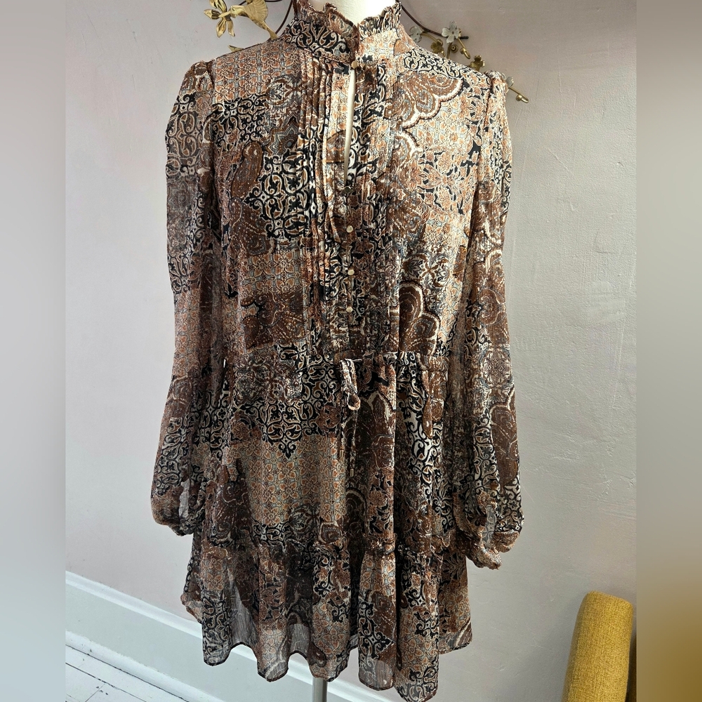 House Of Harlow 1960 Elegant Brown Patterned Dress